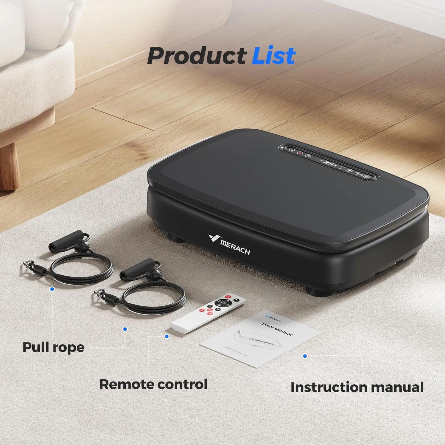 Aznolt home fitness vibration plate set with pull ropes, remote control, and user manual on carpet