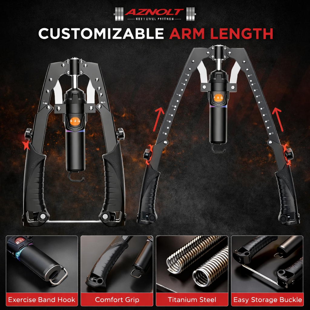 Aznolt muscle trainer with customizable arm length, titanium steel, comfort grip, and exercise band hook features