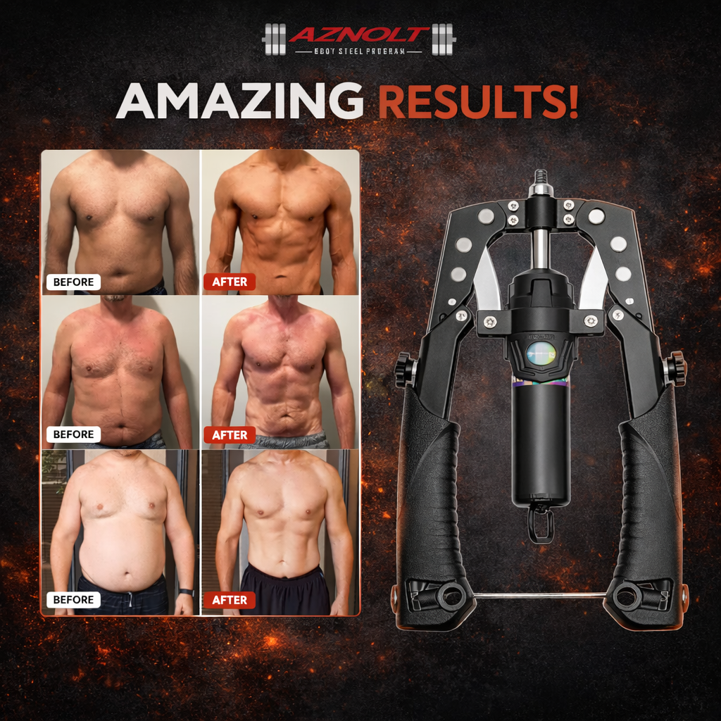 Aznolt muscle trainer with before and after photos showing fitness transformation results.