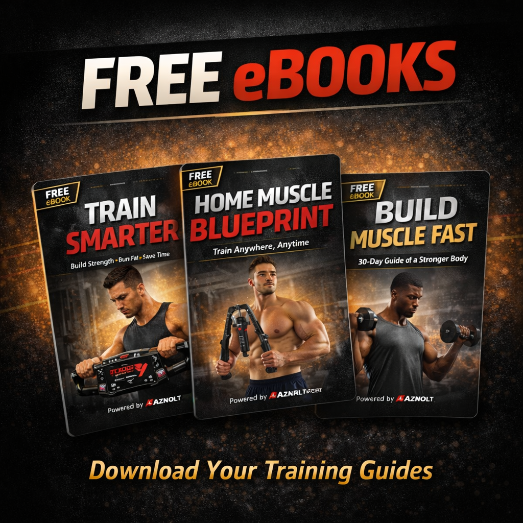AzNolt free eBooks display with muscular men, home fitness gear, and workout guides