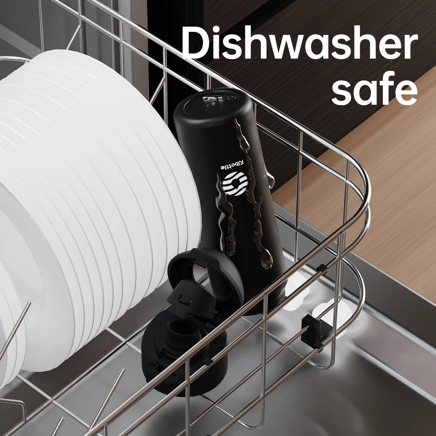 Aznolt black water bottle in dishwasher rack with white plates, labeled dishwasher safe