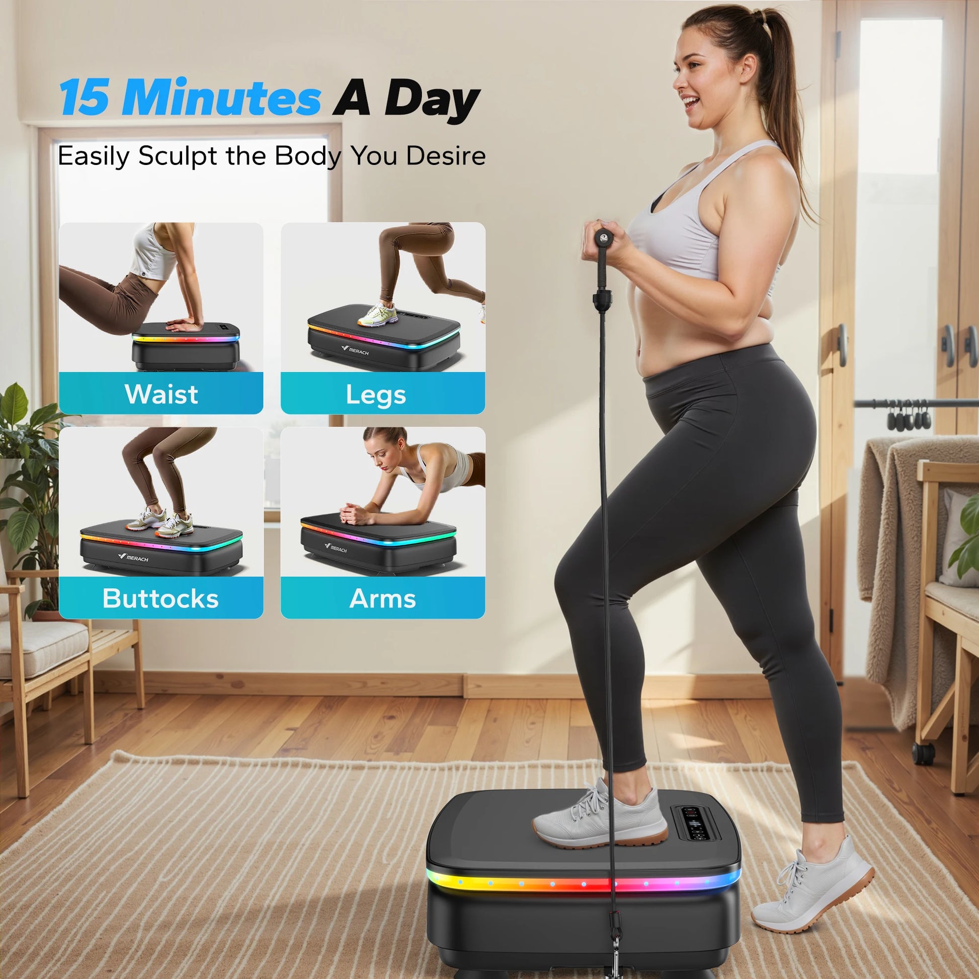 Woman using Aznolt vibration plate for home fitness, targeting arms, legs, waist, buttocks.