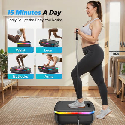 Woman using Aznolt vibration plate for home fitness, targeting arms, legs, waist, buttocks.