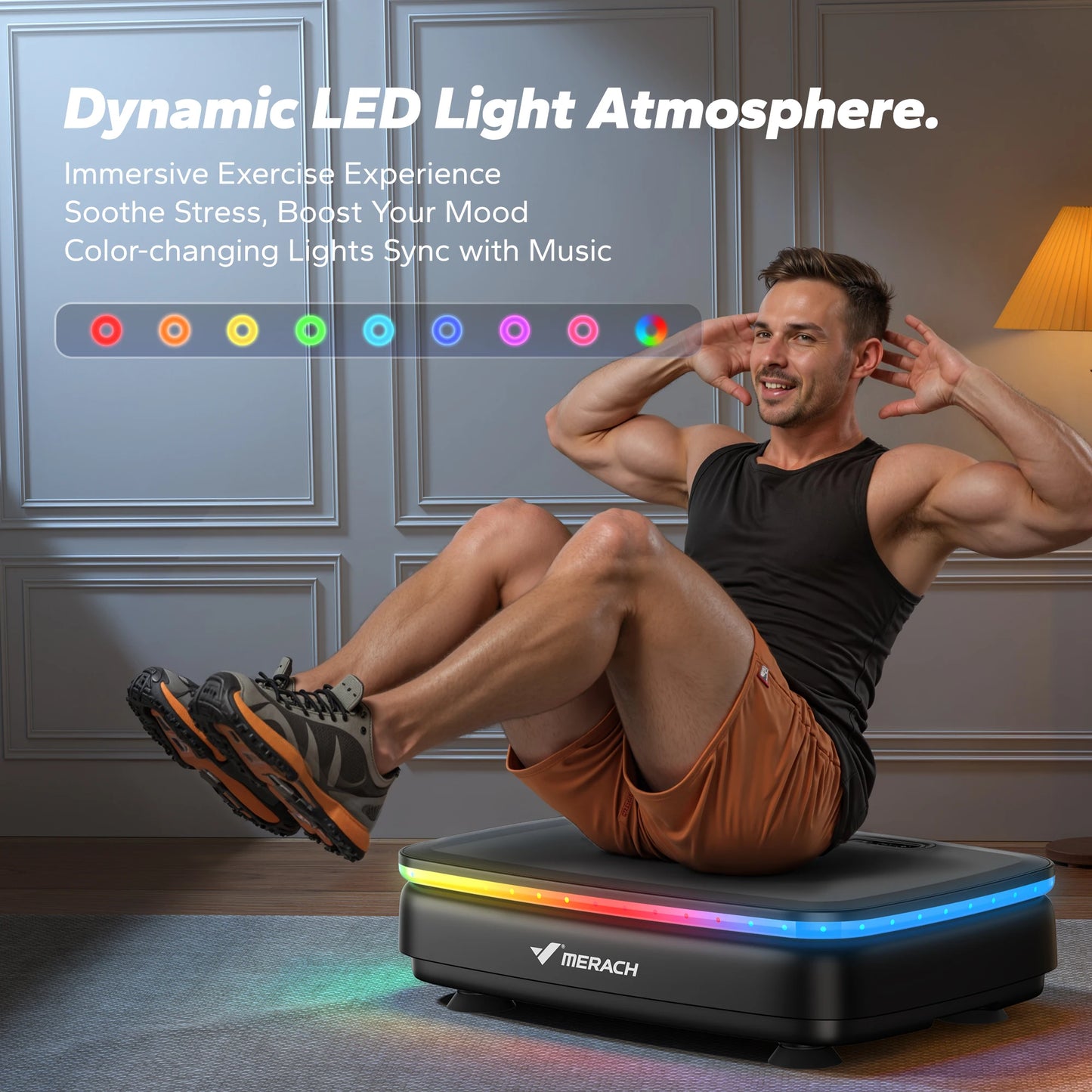 Man exercising on Aznolt home fitness equipment with dynamic LED lights in a modern living room.