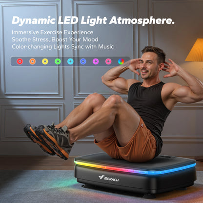 Man exercising on Aznolt home fitness equipment with dynamic LED lights in a modern living room.