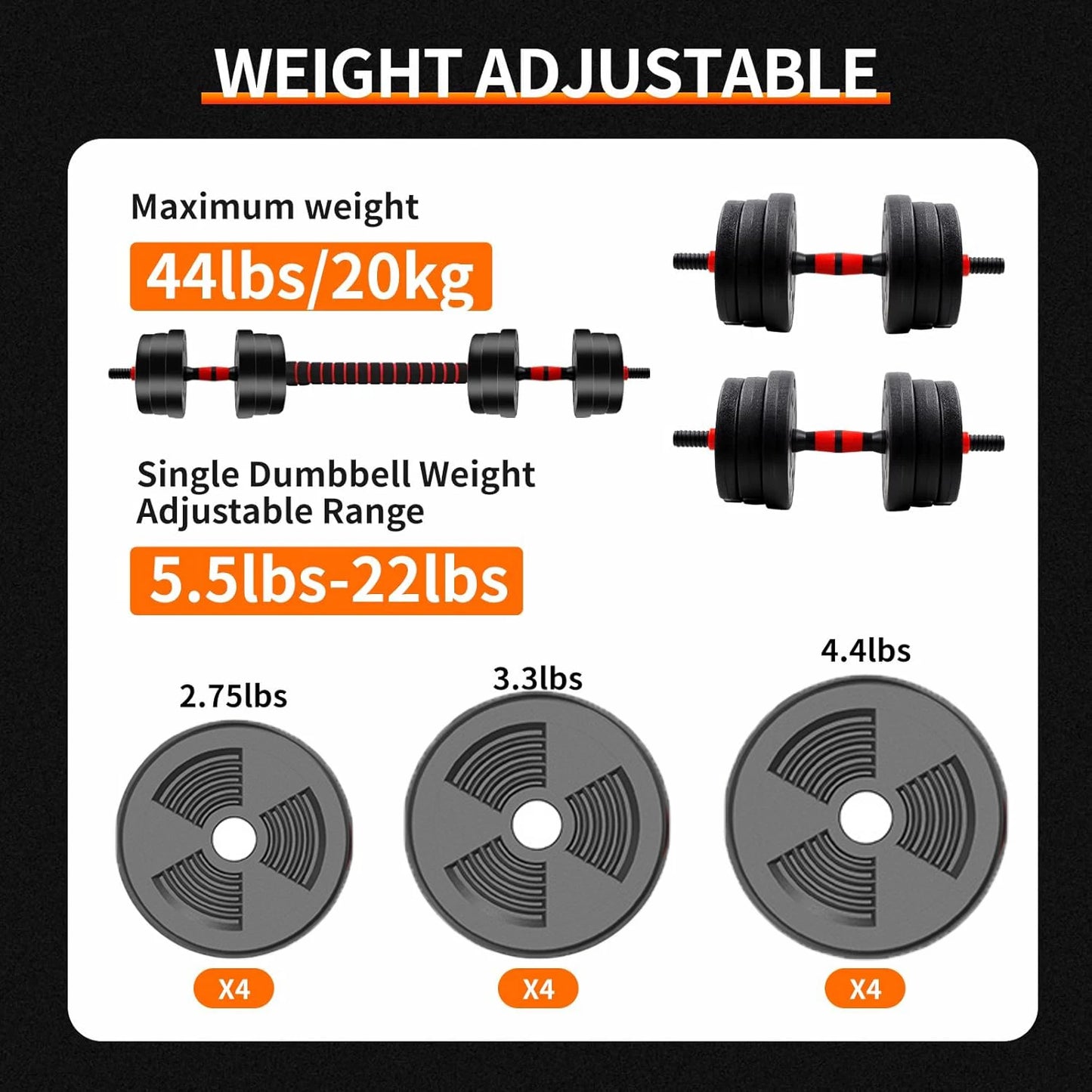 Adjustable dumbbell and barbell set with weight plates, max 44lbs, Aznolt home gym equipment.