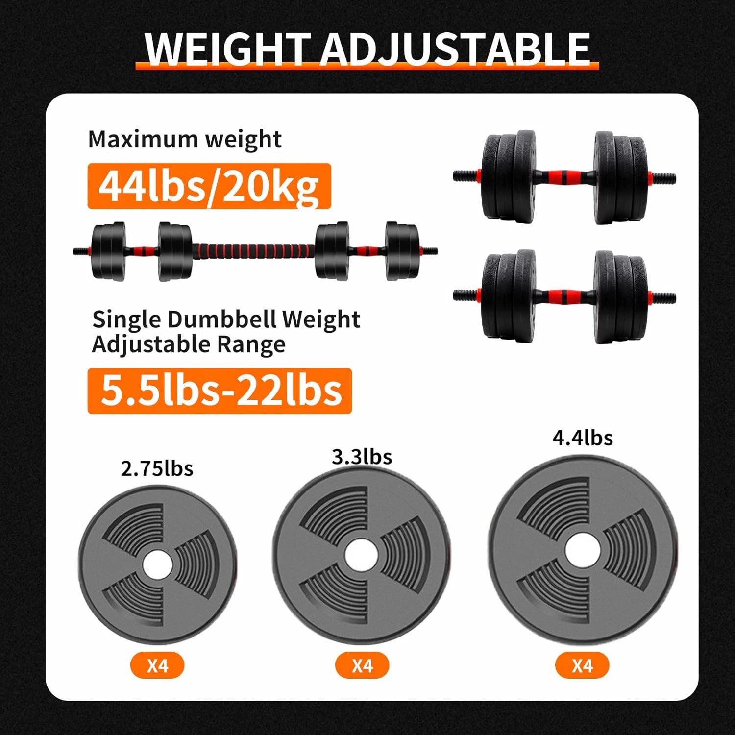 Adjustable dumbbell and barbell set with weight plates, max 44lbs, Aznolt home gym equipment.