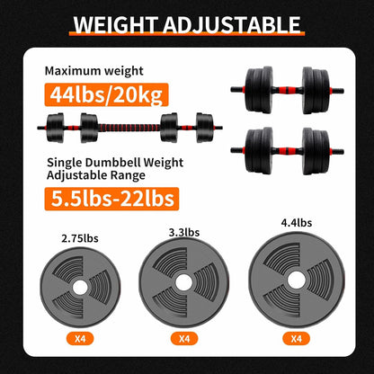 Adjustable dumbbell and barbell set with weight plates, max 44lbs, Aznolt home gym equipment.