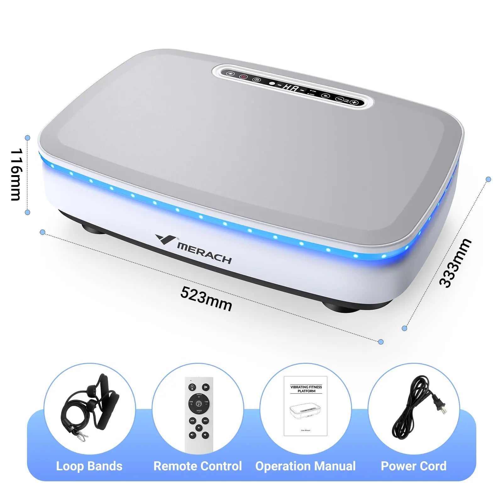 MERACH vibrating fitness platform with LED lights, remote control, loop bands, and power cord, premium home gym equipment by Aznolt.