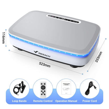 MERACH vibrating fitness platform with LED lights, remote control, loop bands, and power cord, premium home gym equipment by Aznolt.