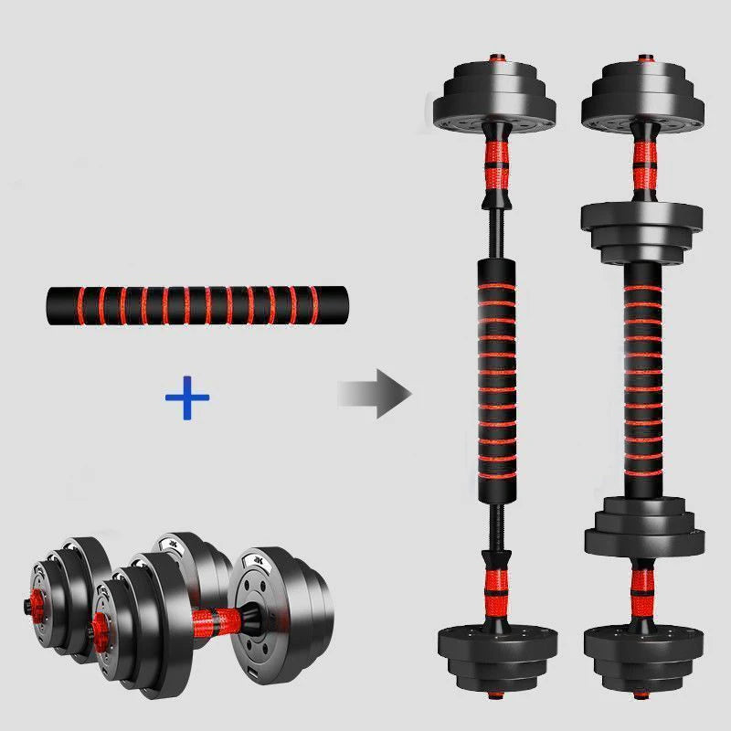 Adjustable dumbbells and barbell set with red grips for home fitness by Aznolt