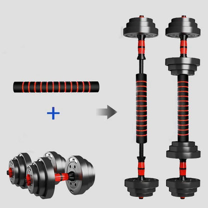 Adjustable dumbbells and barbell set with red grips for home fitness by Aznolt