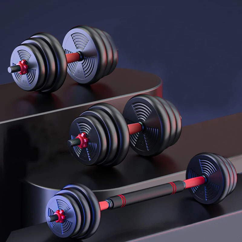 Aznolt adjustable dumbbells and barbell set with black and red design on display steps