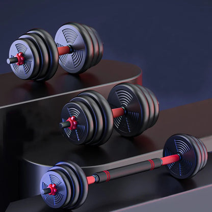 Aznolt adjustable dumbbells and barbell set with black and red design on display steps