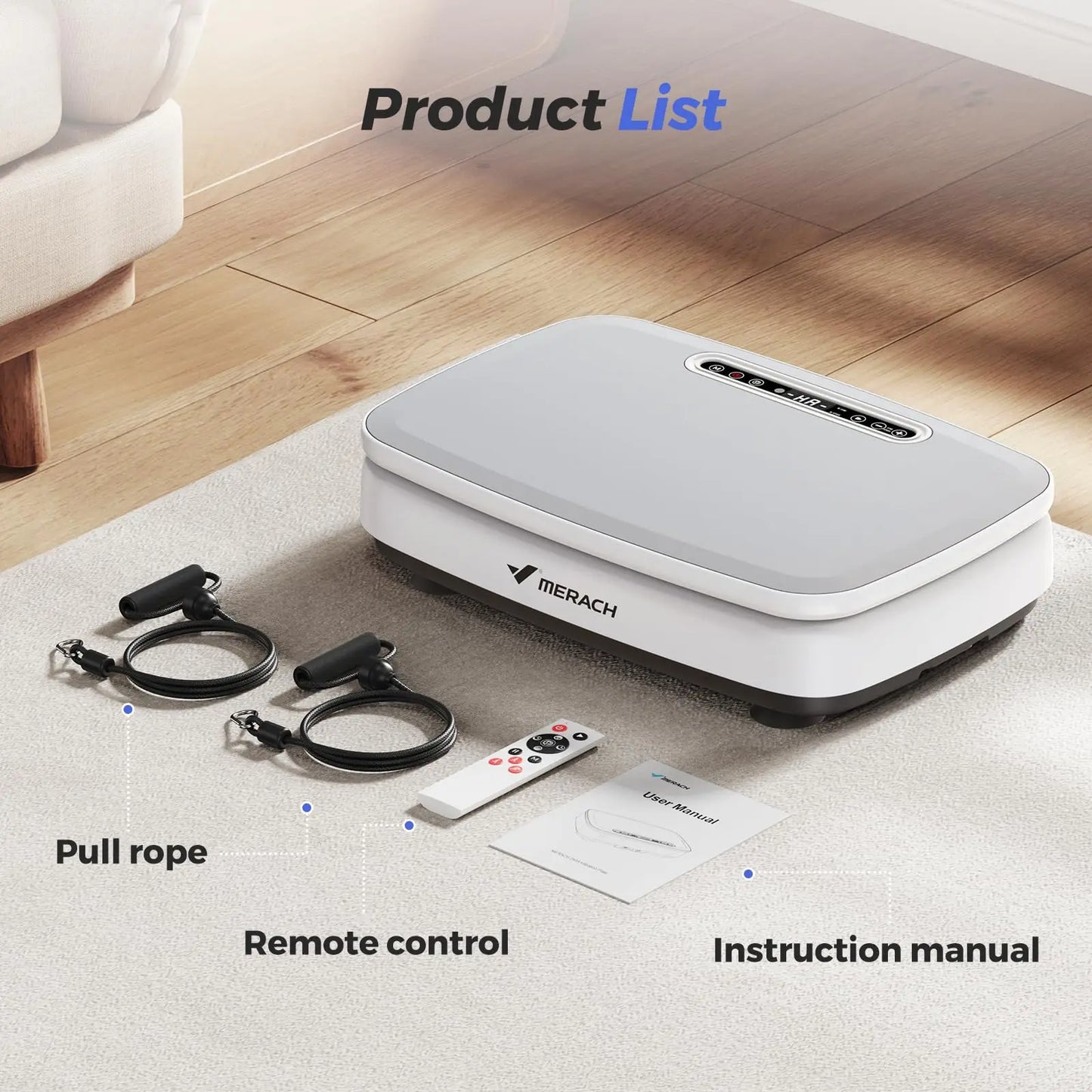 Aznolt home fitness vibration platform with pull ropes, remote control, and user manual on carpet
