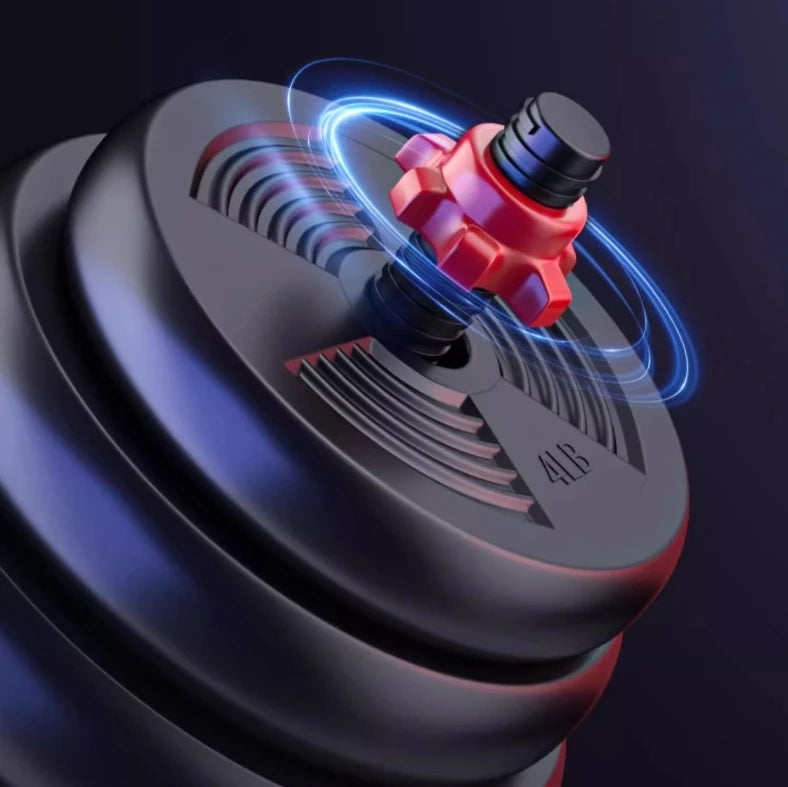 Close-up of Aznolt adjustable dumbbell with red locking collar for home fitness and strength training