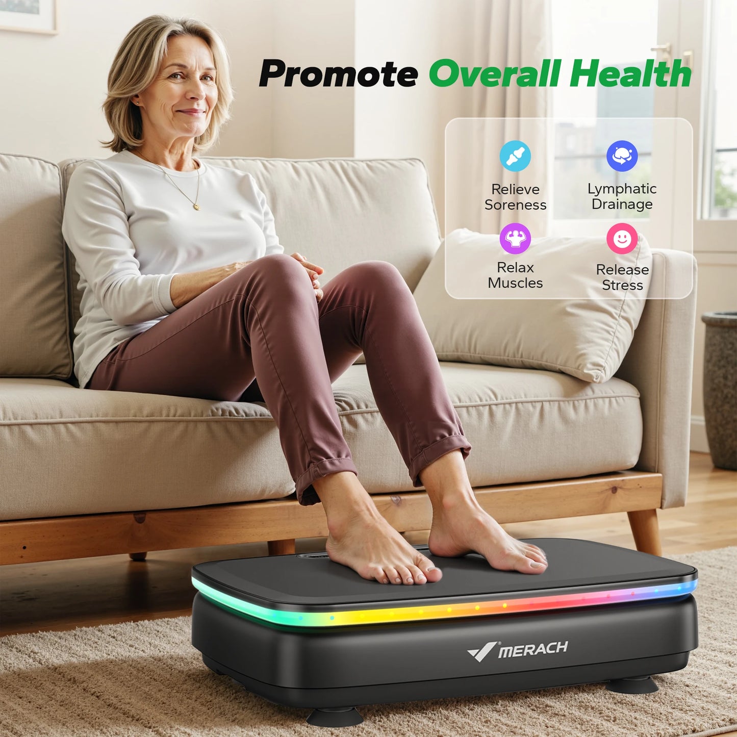 Woman using Merach vibration platform on living room floor for home fitness and muscle relaxation