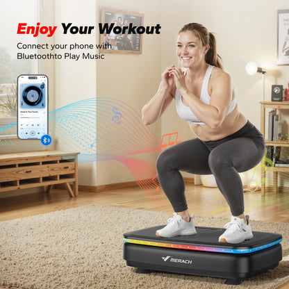 Woman exercising on Merach vibration platform in home gym, Bluetooth music feature, Aznolt fitness equipment.