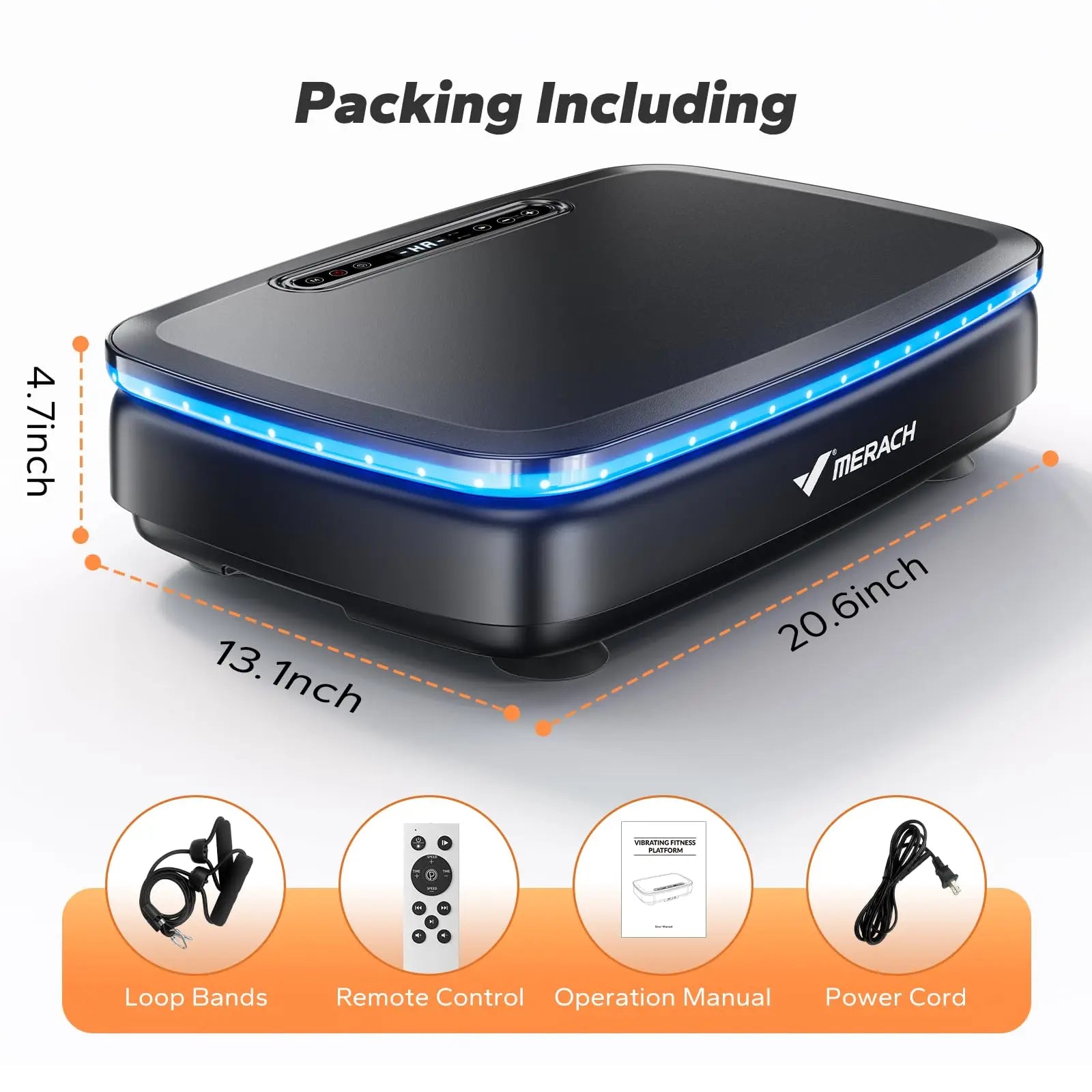 Merach vibration fitness platform with blue LED lights, remote, loop bands, manual, power cord