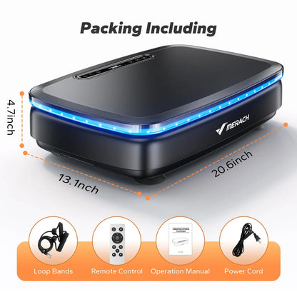 Merach vibration fitness platform with blue LED lights, remote, loop bands, manual, power cord