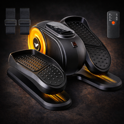 Aznolt under-desk electric leg exerciser with textured foot pedals, remote control, and straps