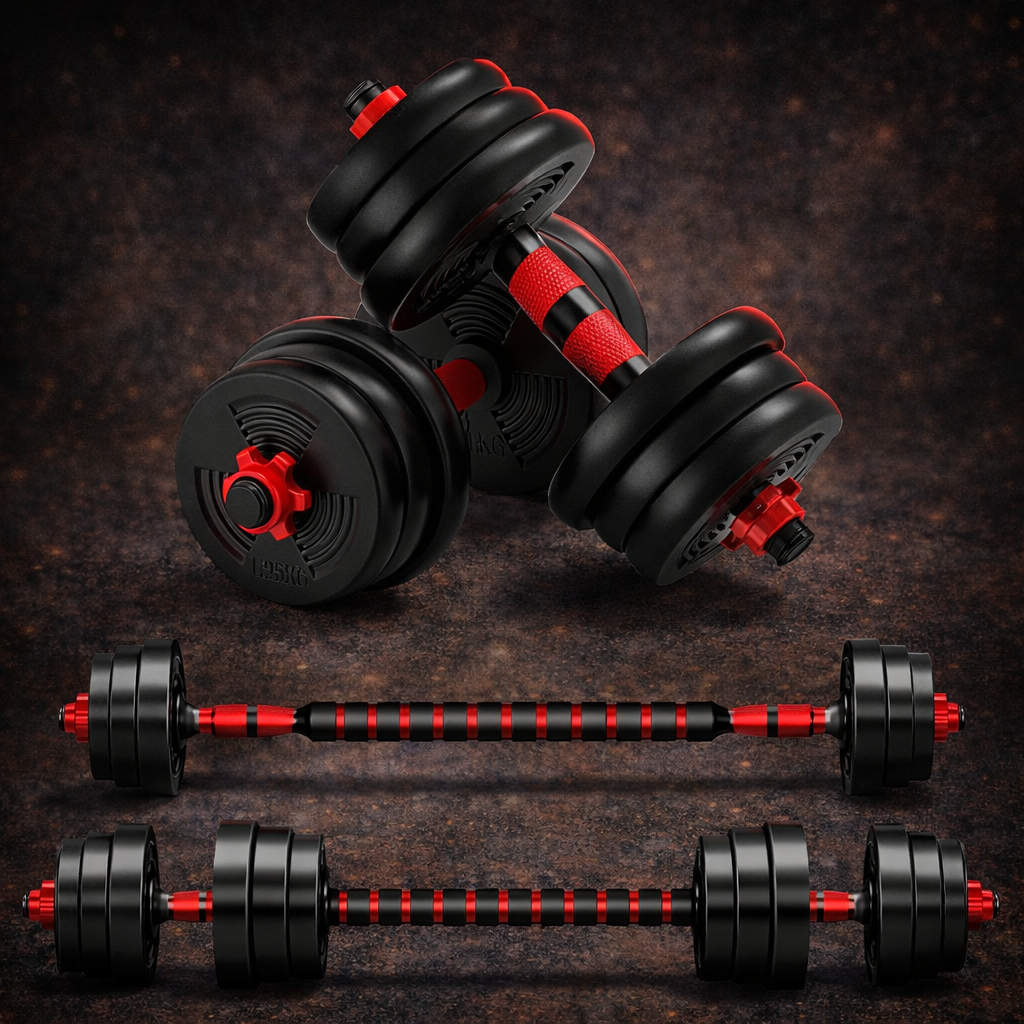 Aznolt adjustable dumbbell to barbell set with black and red weights on textured surface