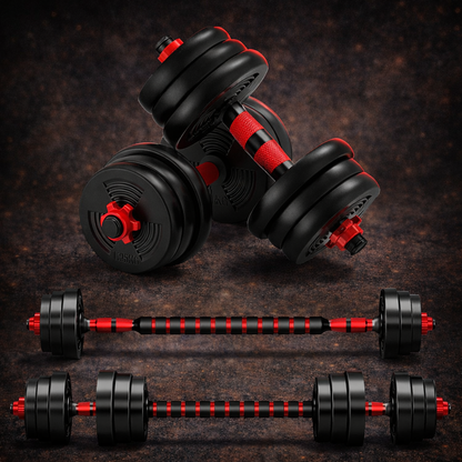 Aznolt adjustable dumbbell to barbell set with black and red weights on textured surface