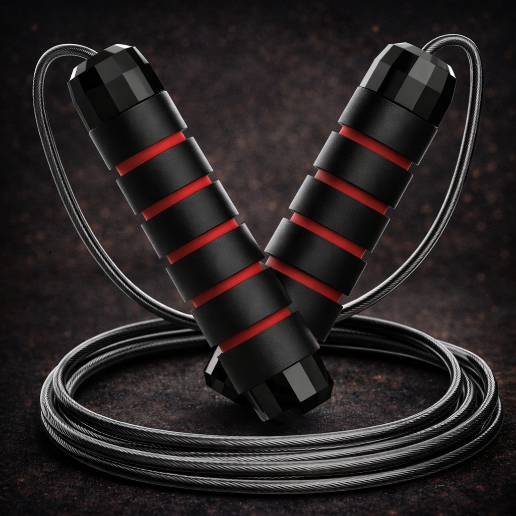 SteelFlex adjustable steel wire jump rope with black and red foam handles on dark background