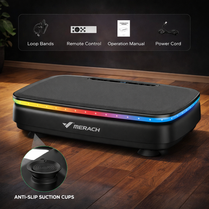 MERACH whole body vibration plate with LED lights, loop bands, remote control, and anti-slip feet, home gym equipment from Aznolt.