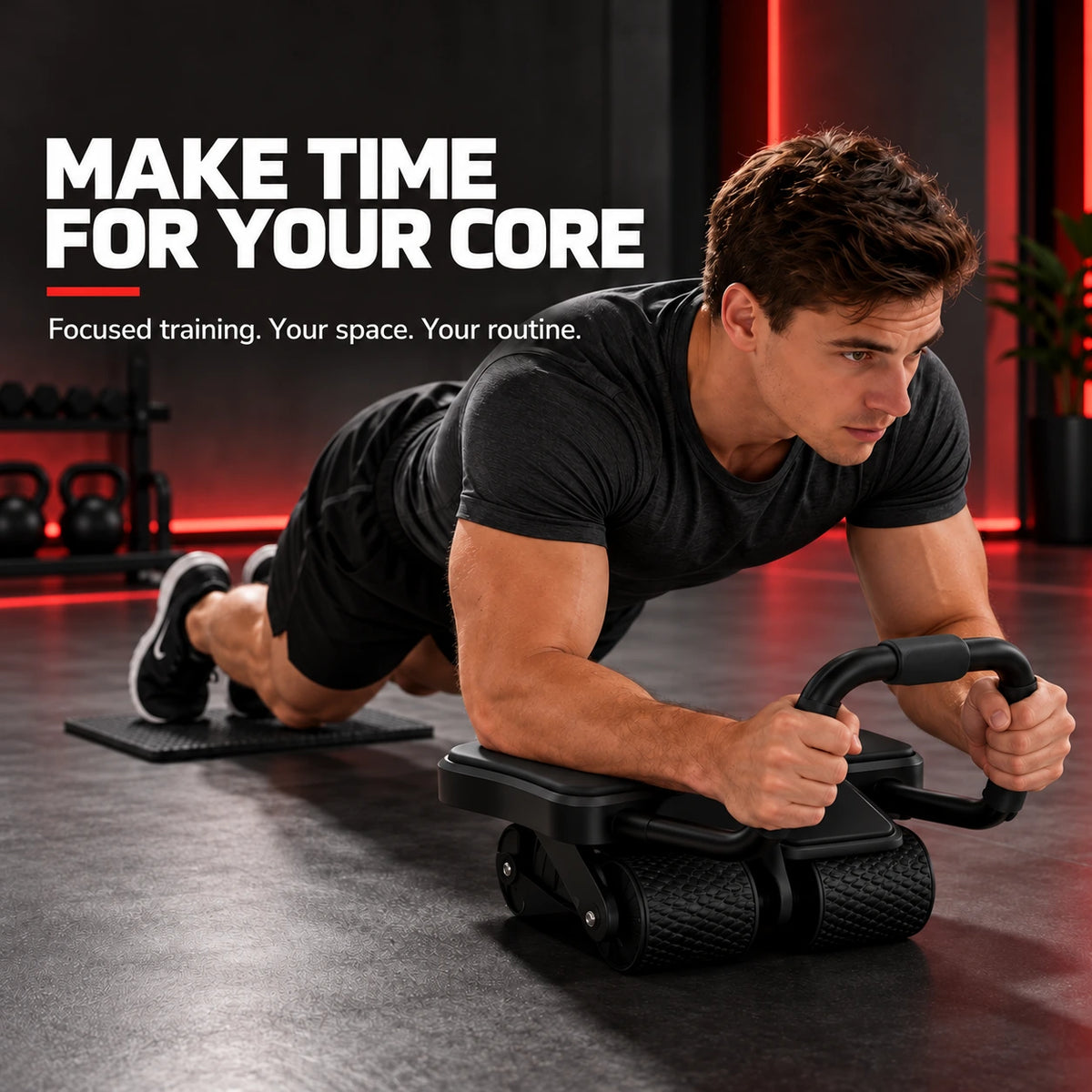Man using the Aznolt Ab Roller with elbow supports and knee mat at home