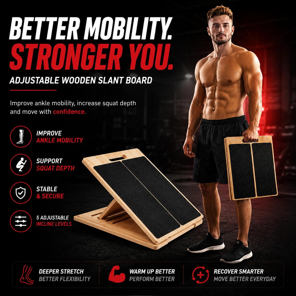 Adjustable Wooden Slant Board – 5-Level Calf Stretch & Ankle
